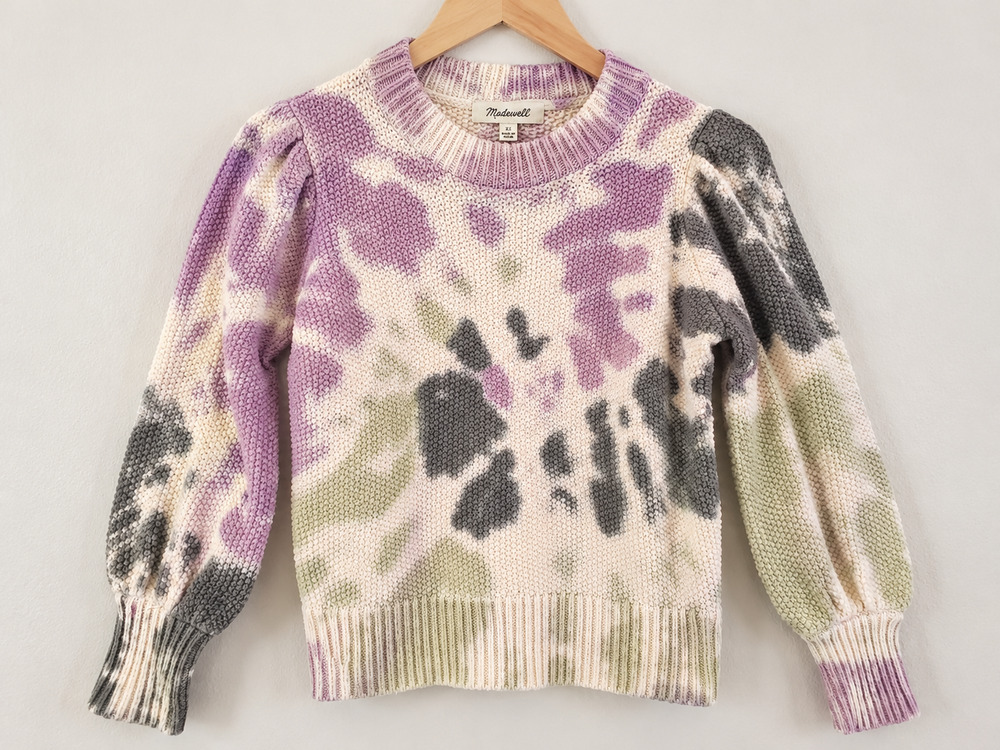 Madewell XS Chunky Knit Tie Dye Sweater Purple Green Gray Cream Balloon Sleeve